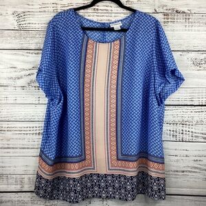 LIZ CLAIBORNE PLUS SIZE 2X BLUE TOP SUMMER BLOUSE MULTICOLOR GUC